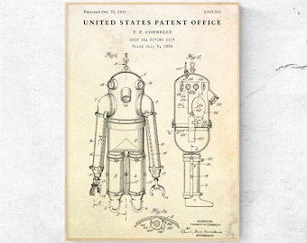 Diving Suit 1935 Patent Print, Nautical Blueprint Poster, Maritime Wall Art for Ocean Lovers, Steampunk Vintage Decor, Scuba Diver Gift