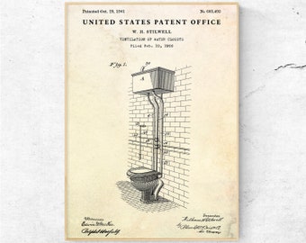 1901 Toilet Patent Print, Water Closet Ventilation Poster, Antique Bathroom Wall Art