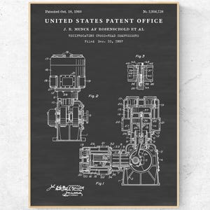May include: A framed patent illustration of a reciprocating cross-head compressor, dated October 18, 1960. The black and white technical drawing includes multiple diagrams and labels, showcasing the internal components and design of the machinery.