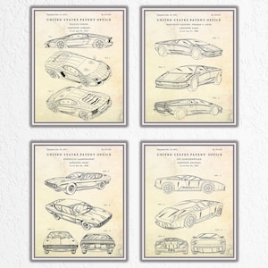 Arte mural con patente esquemática de superdeportivo, inventos de coches deportivos, póster con planos de diseño de automóviles, decoración automotriz, juego de 4 impresiones