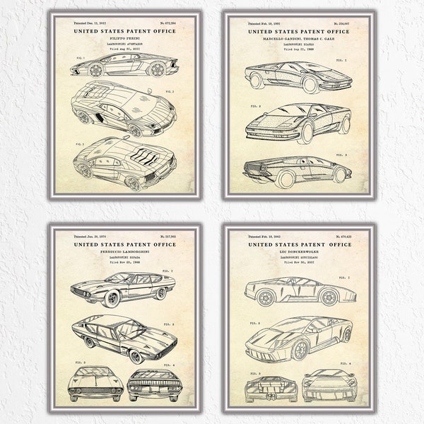 Supercar Patent Wall Art, Sports Car Inventions, Automotive Design Blueprint Poster, Man Cave DecorSet of 4 Prints