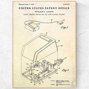 May include: A black and white line drawing of a computer mouse patent. The patent is titled "Cursor Control Device for Use with Display Systems" and was patented on August 7, 1984. The patent number is 4,464,652. The patent was filed by William F. Lapson.