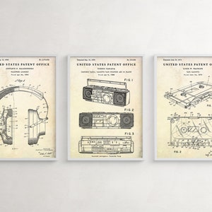 Boom Box, Hoofdtelefoon, Cassette Tape Patent Posters, Audiofiele Retro Gift, Geluidstechnologie Uitvindingen, Muziek Vintage Decor, Set van 3 Prints