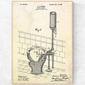 Arte murale antica per WC: stampa del brevetto del 1899. Insegna vintage per WC. Poster con progetto di invenzioni per bagni. Decorazione per il bagno.