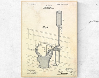 Toilet Antique WC 1899 Patent Art Print. Lavatory Blueprint Poster. Bathroom Decor.