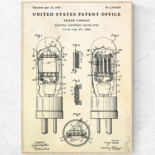 Stampa del brevetto del tubo a vuoto del 1929. Invenzioni delle lampade radioniche, poster del progetto del tubo radio. Decorazione da parete Steampunk