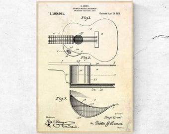Patenttekening voor een akoestische gitaar, blauwdruk uit 1916, cadeau voor een muzikant