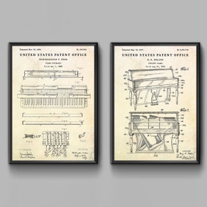May include: Two vintage United States Patent Office drawings for piano designs. The first patent is for a piano keyboard design, dated 13 November 1884, and the second patent is for an upright piano design, dated 25 May 1937.