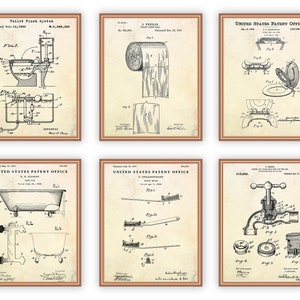 Bathroom Patents Prints, Blueprint Wall Art. Toilet Vintage Decor. Set of 6 Patent Posters