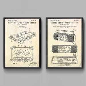 Gepatenteerde muurkunst met boombox en cassette, audiofiel jaren 80 cadeau, vintage poster analoge muziekopname. Set van 2 prints