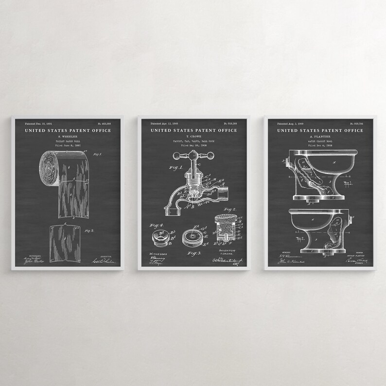 Vintage Toilet Patent Art Prints, Bathroom Restroom Decor, Set of 3 Chalkboard