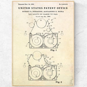 VHS Video Cassette Cleaner Patent Print, Retro Home Theater Decor, Movie Room Wall Art, VCR Vintage Video Tape Invention Blueprint Poster