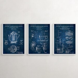 May include: Three vintage blue and white patent drawings for a teapot, teacup, and tea infuser. The drawings are titled "United States Patent Office" and include the patent numbers and dates.