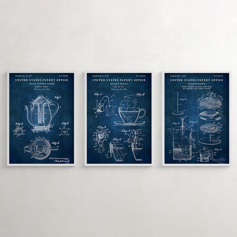 May include: Three vintage blue and white patent drawings for a teapot, teacup, and tea infuser. The drawings are titled "United States Patent Office" and include the patent numbers and dates.