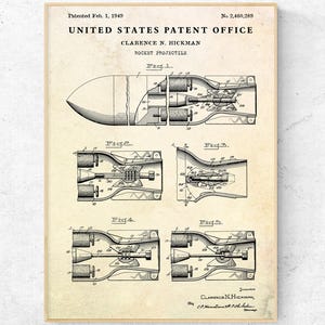 Patent na pocisk rakietowy z 1949 roku. Plakat z planem wynalezienia broni rakietowej. Grafika ścienna z technologią rakietową.