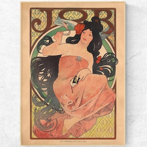 Póster de Alphonse Mucha "Job Rolling Paper", impresión publicitaria francesa Art Nouveau, 1896, arte mural vintage, lienzo listo para colgar.