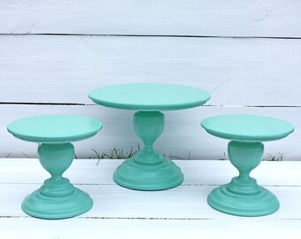 SET 3x TURQUOISE Wood Cake Stands Wooden Cupcake Stands Wedding