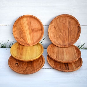 SET 6x 8'' Round Wood Plates Picnic Dinnerware Set Serving Platters Barn Wedding Coasters Rustic Baby Shower Decorations Tapas Bar Boards