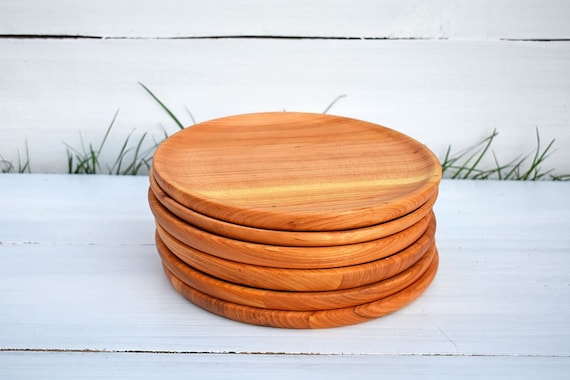 SET 6x 10 '' Piatti rotondi in legno Set di stoviglie da picnic