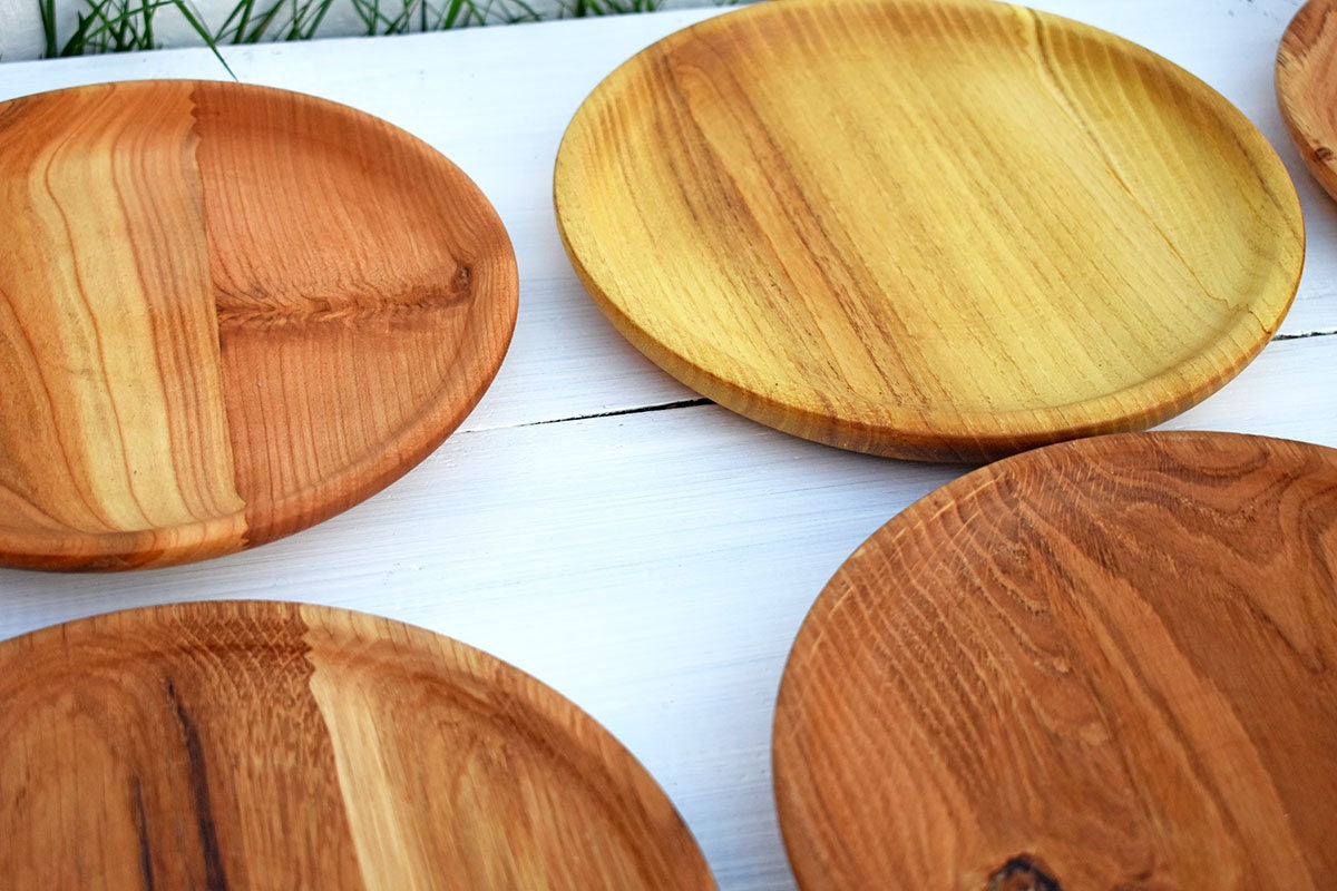 SET 6x 8'' Round Wood Plates Picnic Dinnerware Set Etsy