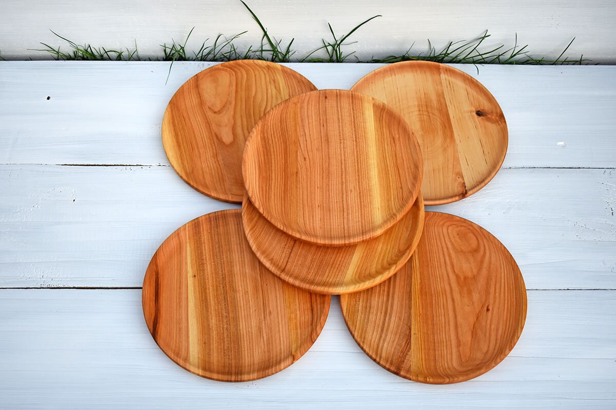 SET 6x 10'' Round Wooden Plates Picnic Dinnerware Set Etsy