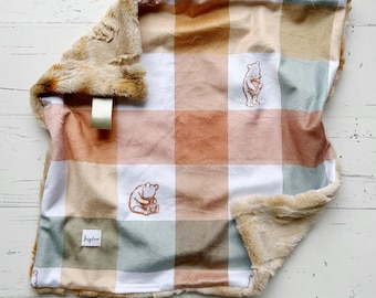 Winnie The Pooh Plaid Lovey, minky baby blanket, keepsake baby gift, security blanket, baby lovey, plaid blankie