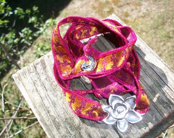 Boho Sari Silk Yoga Bracelet With Silver Flower Connector & Charms