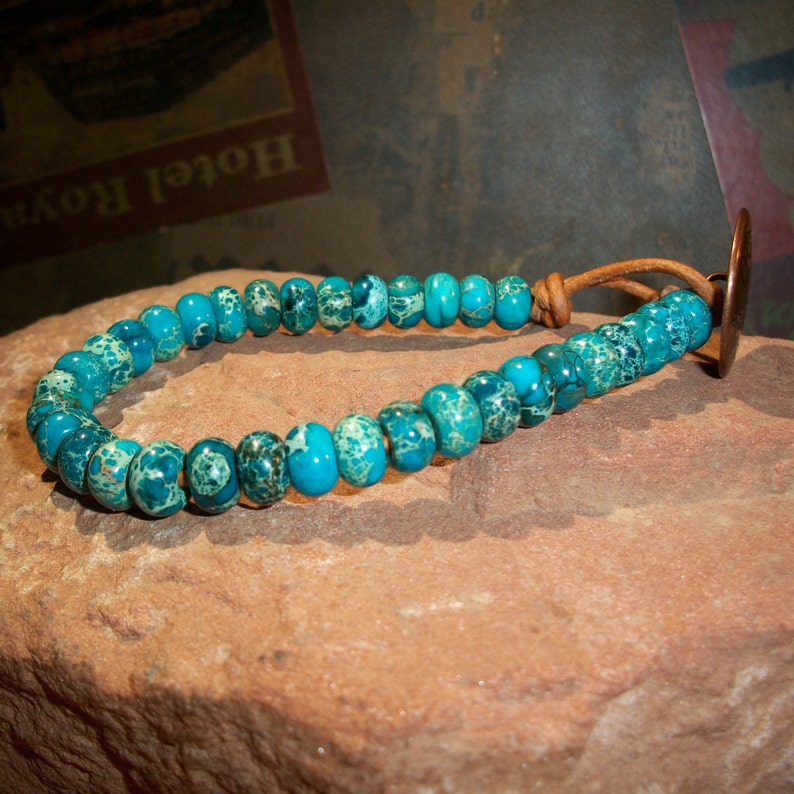 Men/'s Blue Sea Sediment Bead Leather Bracelet