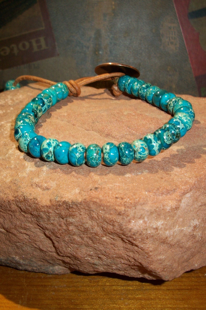 Men/'s Blue Sea Sediment Bead Leather Bracelet