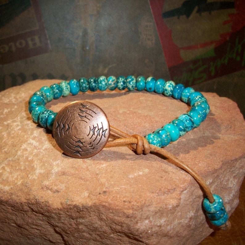 Men/'s Blue Sea Sediment Bead Leather Bracelet