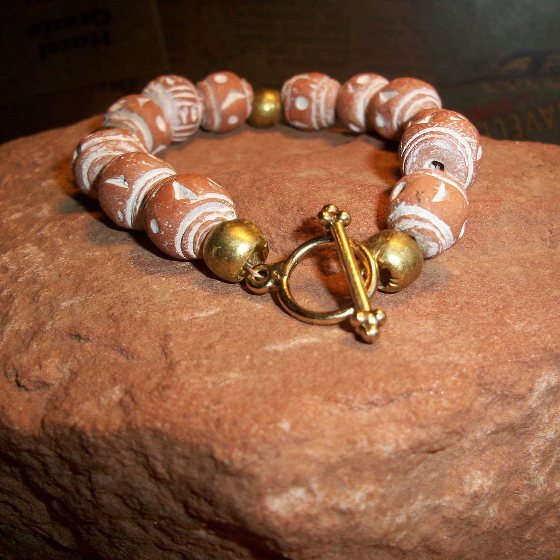 Men's African Brown Clay & Brass Bead Bracelet Etsy
