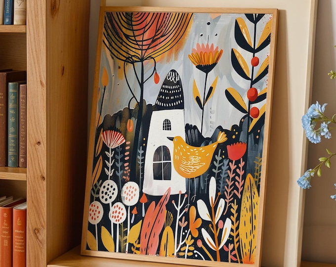 Scandinavian Folk Art Print: Nordic Bird & Floral Wall Decor