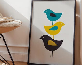 Mid century modern bird print, bird wall art, folk bird illustration, Scandinavian wall art