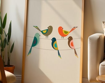 Mid Century Modern Bird Print: Colorful Bird Wall Art