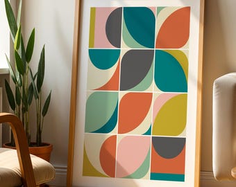 Mid Century Modern Geometric Wall Art Print, bright abstract block print