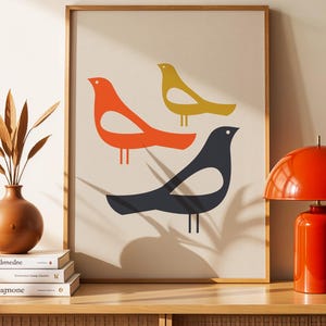 Mid Century Modern Bird Print, Scandinavian bird wall art, Nordic folk art