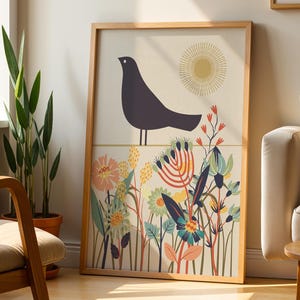 Scandi Bird Print: Modern Nordic Folk Art with Flowers