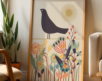 Scandi Bird Print: Modern Nordic Folk Art with Flowers