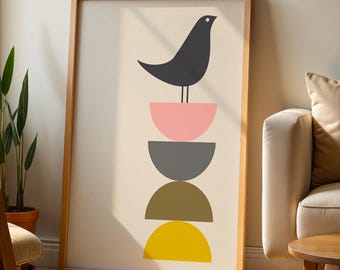 Nordic wall art, Scandinavian bird print, mid century modern wall art