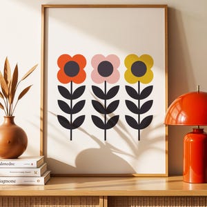 Retro flower print, Scandinavian folk art, leaf stem, mid century floral print