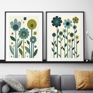 Mid Century Modern Floral Print Set: Green Botanical Wall Art