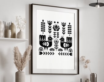 Nordic Folk Art Print: Scandinavian Black and White Wall Decor