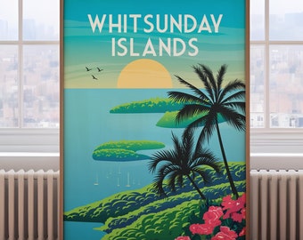 May include: A vintage travel poster with a blue and green color scheme featuring a sunset over a tropical island with palm trees and the text "Whitsunday Islands".