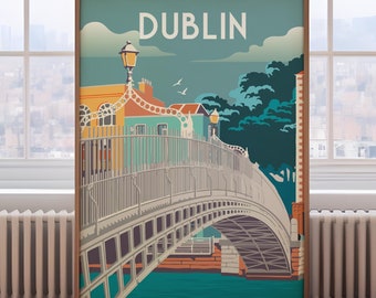 May include: A vintage travel poster featuring a colorful illustration of the Ha'penny Bridge in Dublin, Ireland. The poster has a blue background with white clouds and the word "DUBLIN" in bold, yellow letters.