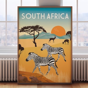 May include: A vintage travel poster featuring a sunset landscape with two zebras in the foreground. The poster has the text "SOUTH AFRICA" in bold, white letters at the top.