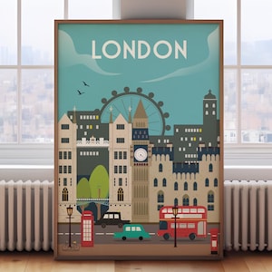 London travel poster, retro London print, London wall art, London poster, travel wall art, retro wall art, vintage London print,