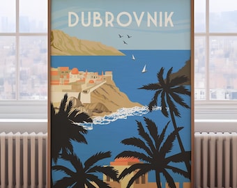 May include: A vintage travel poster featuring a colorful illustration of the city of Dubrovnik, Croatia. The poster features a blue ocean, palm trees, and a view of the city walls.