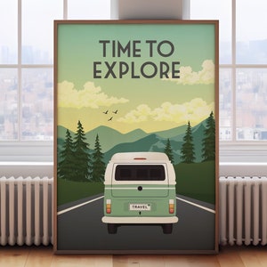 May include: A vintage green and white camper van drives down a road through a forest with mountains in the background. The text "TIME TO EXPLORE" is at the top of the poster. The camper van has a number plate that says "TRAVEL".