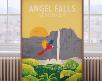 Puede incluir: Un póster amarillo, verde y gris con el texto "Angel Falls Venezuela" y un loro rojo y azul volando sobre una cascada.