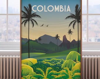 May include: A vintage travel poster with a green, yellow, and brown illustration of a tropical landscape. The poster has the word "COLOMBIA" in white letters on a blue background.